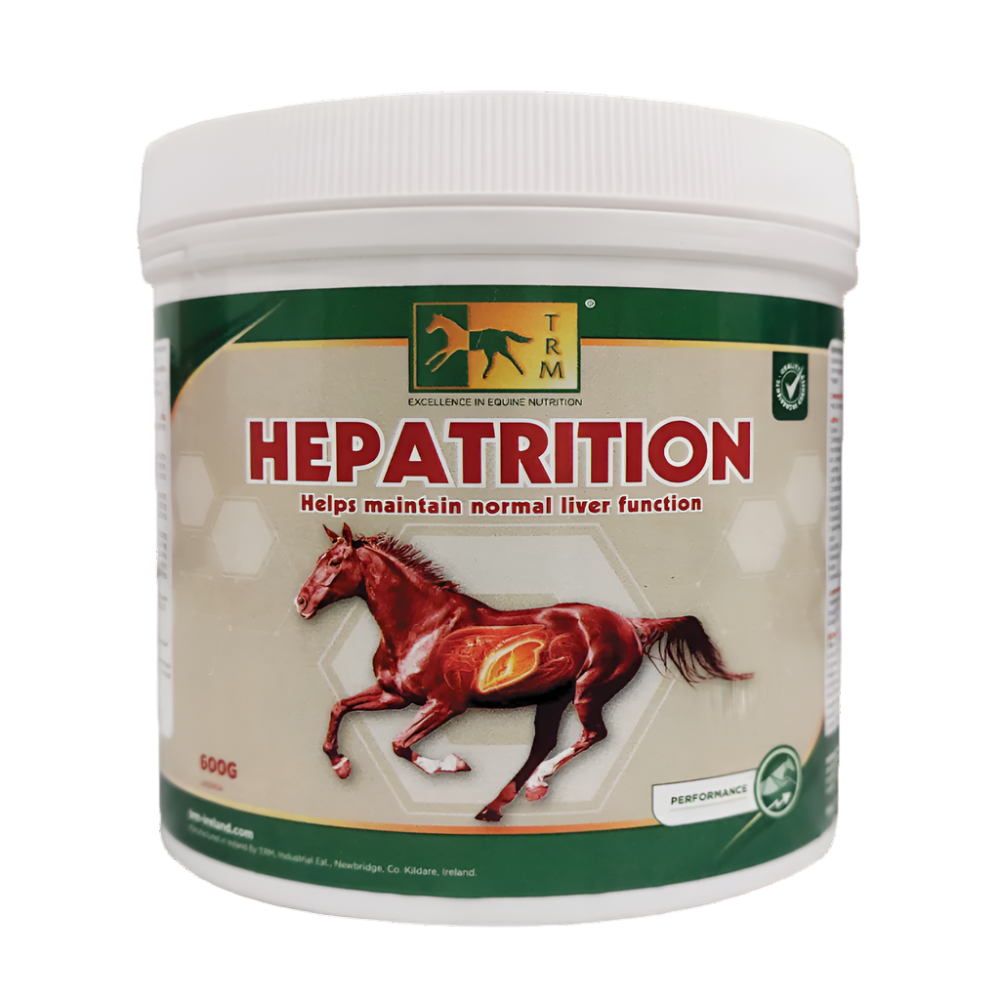 A container of HEPATRITION horse supplement with a picture of a horse on the label.