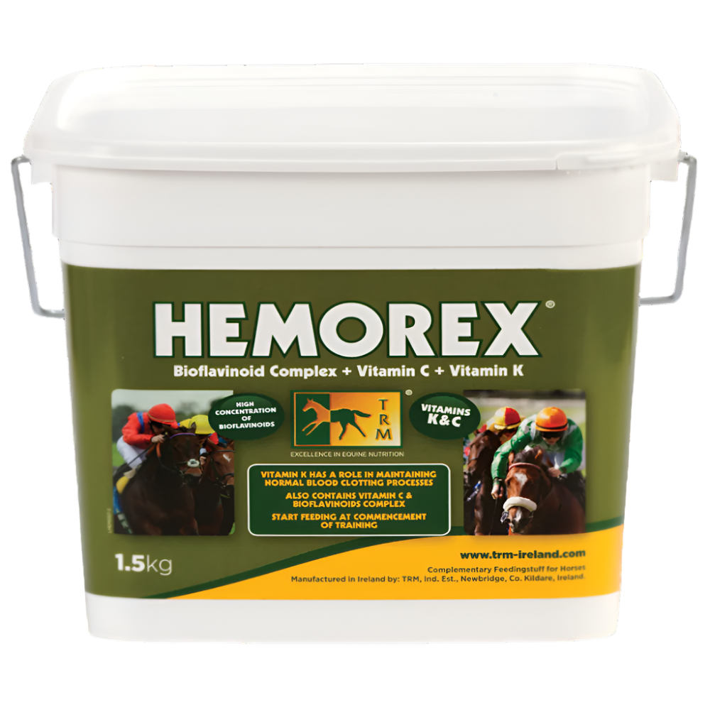 A white plastic tub of HEMOREX biophlavonoid complex + vitamin C + vitamin K, with a green and yellow label featuring images of horses and jockeys.