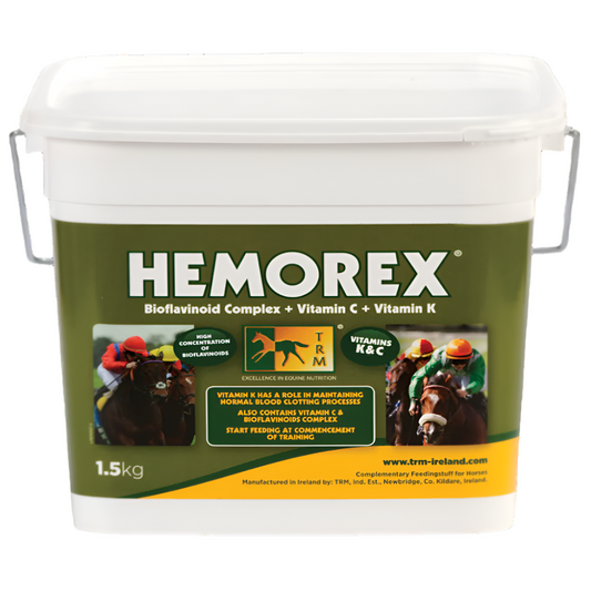 A white plastic tub of HEMOREX biophlavonoid complex + vitamin C + vitamin K, with a green and yellow label featuring images of horses and jockeys.