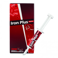 Packaging of EQUINE PRODUCTS UK Iron Plus Paste, showing a red and white box with a syringe and information about the product.