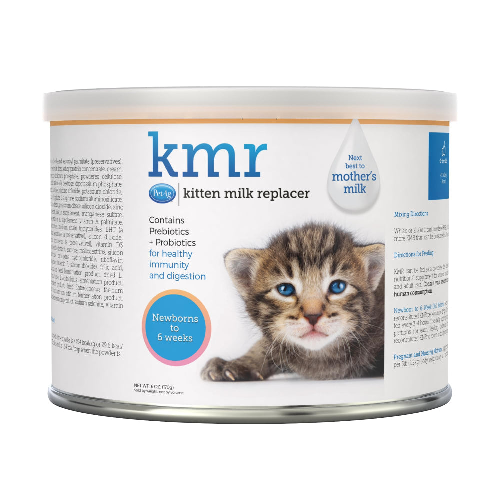 Kitten milk replacer can with a kitten on the label