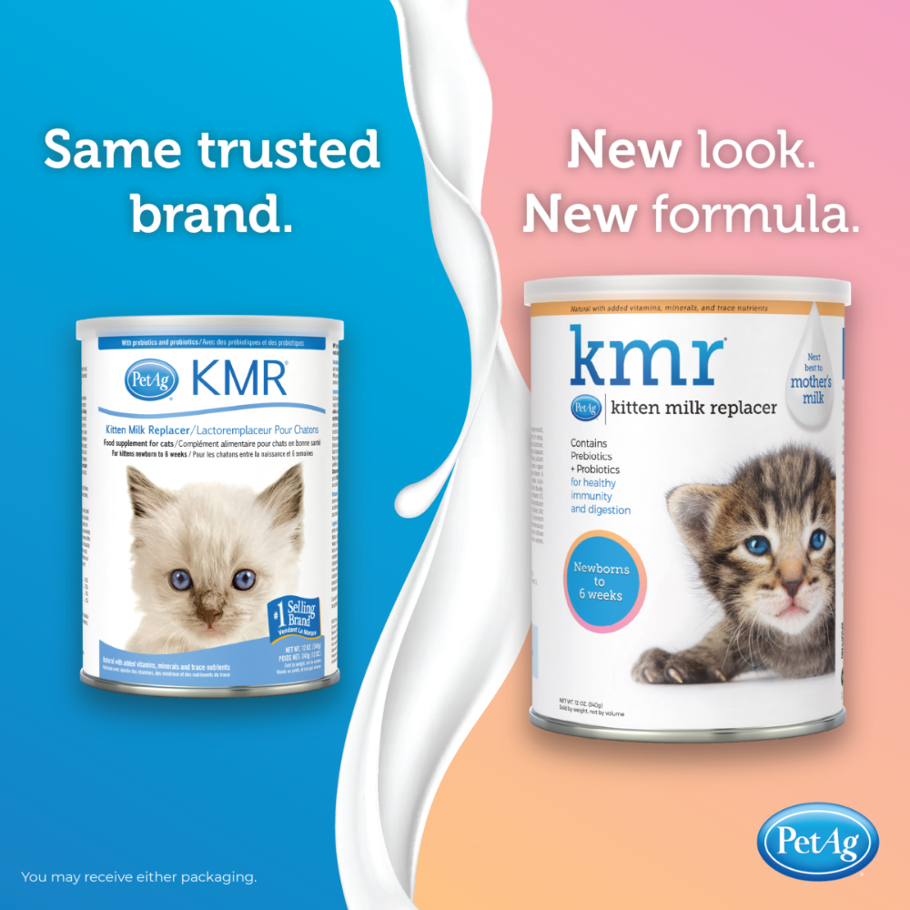 KMR kitten milk replacer cans on a split blue and pink background with text about the brand.