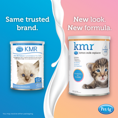 KMR kitten milk replacer cans on a split blue and pink background with text about the brand.