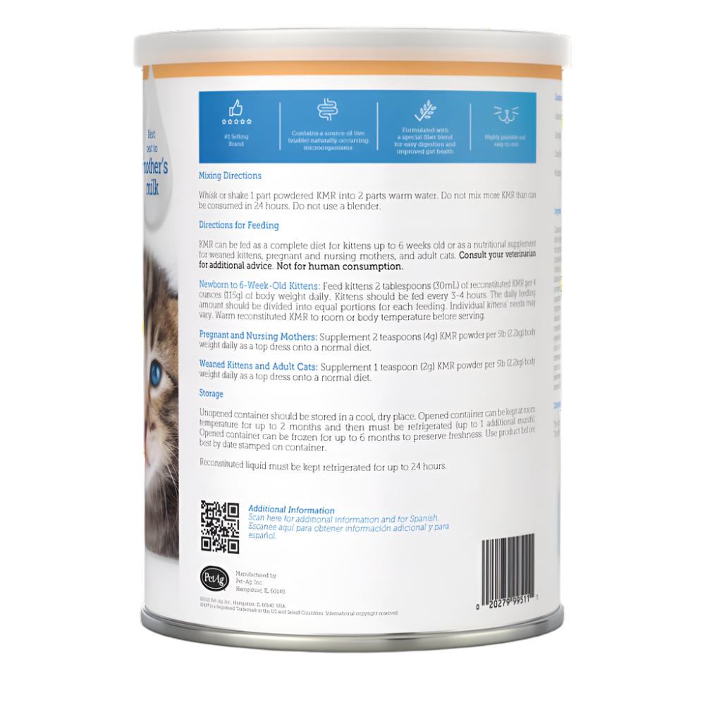 Back view of a cat food can with text and images on a white background