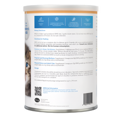 Back view of a cat food can with text and images on a white background