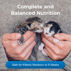 Two small kittens being held by a person with text about complete and balanced nutrition for kittens.