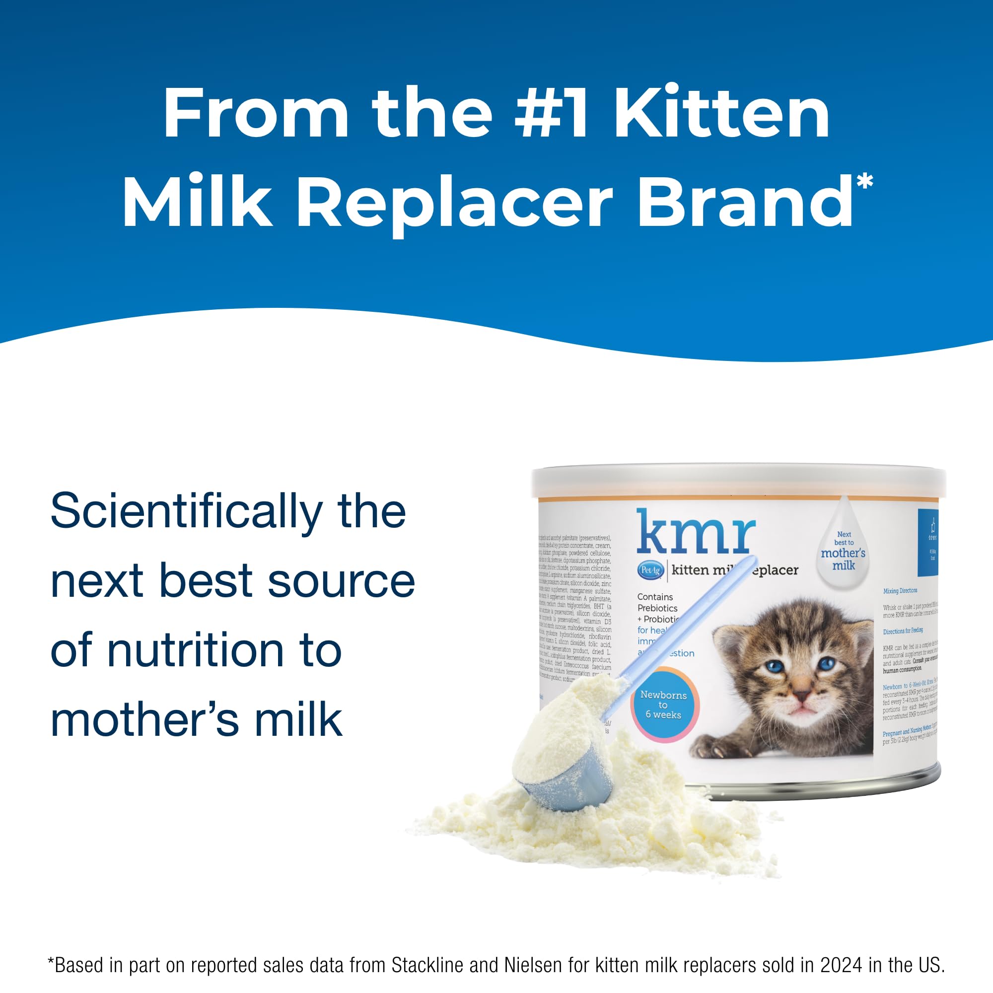 Kitten milk replacer can with text about being the #1 brand and next best source of nutrition.