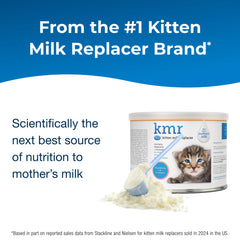 Kitten milk replacer can with text about being the #1 brand and next best source of nutrition.