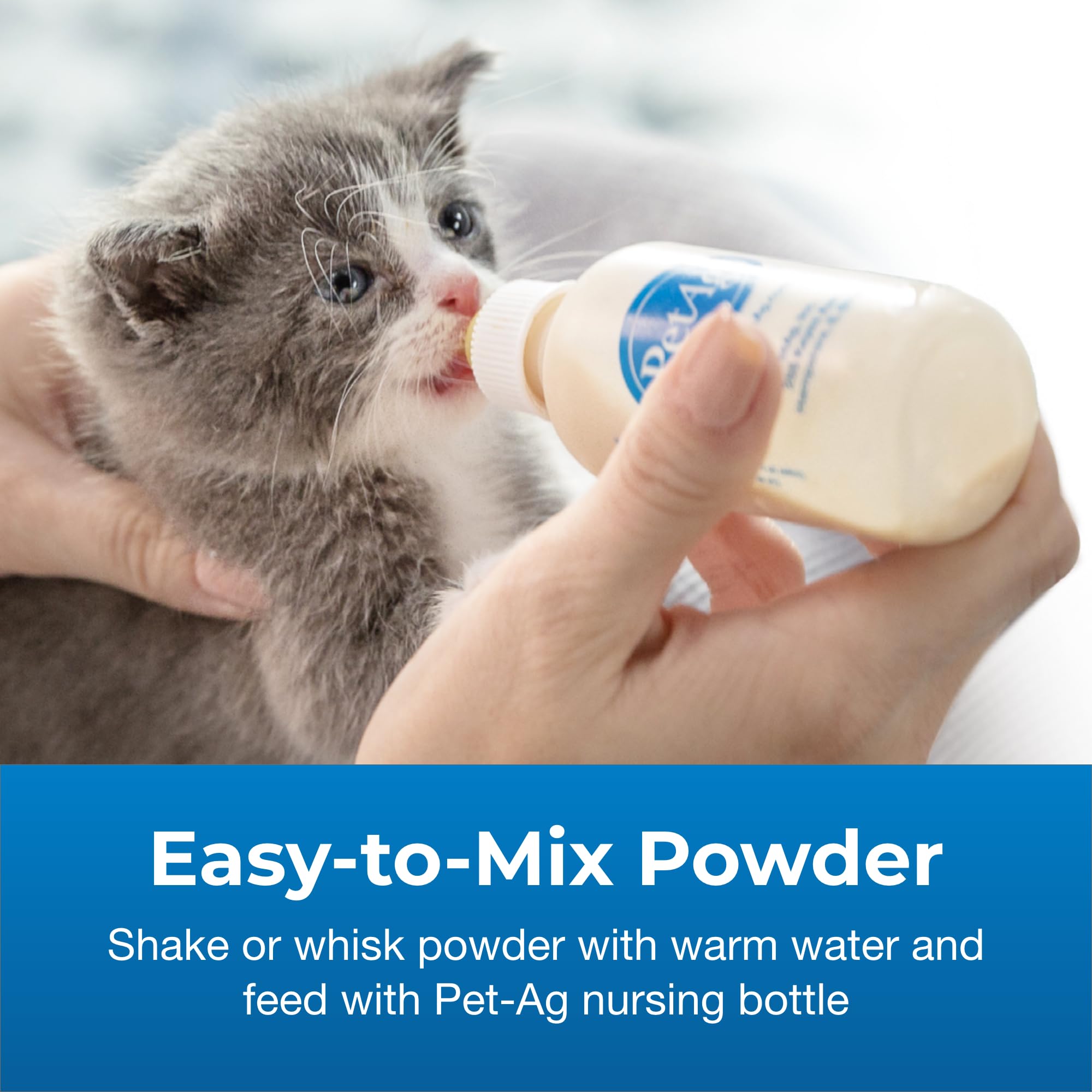 Kitten being fed from a bottle with text about easy-to-mix powder