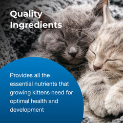 Two kittens sleeping together with text about quality ingredients for kitten health.