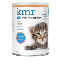Kitten milk replacer can with a kitten on the label