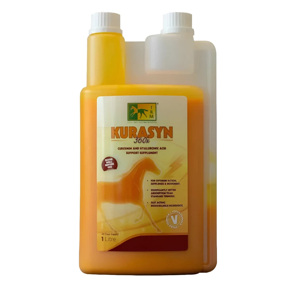 A bottle of KURASYN 360X-1L-TRM, which is a complementary feed supplement for horses.