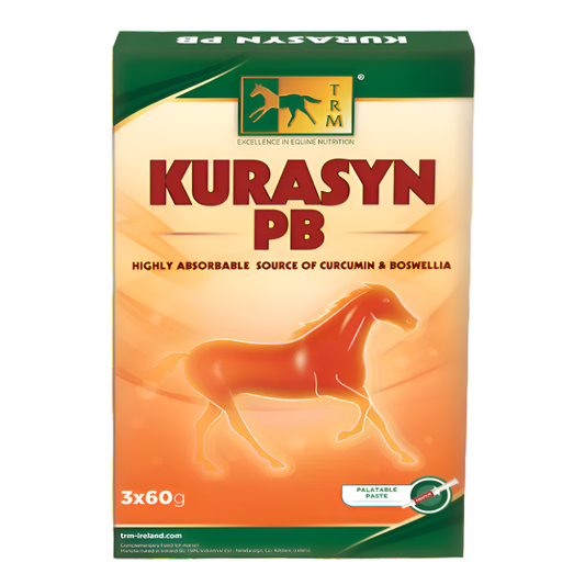 Kurasyn PB packaging for horses with TRM logo on a white background