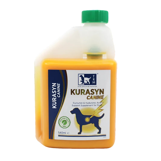 A bottle of KURASYN CANINE, a dietary supplement for dogs, with a label featuring a silhouette of a dog and product information.
