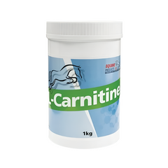 A white plastic container of L-Carnitine 1kg with a label featuring a horse and the brand name EQUINE PRODUCTS UK. L-CARNITINE-EPUK 123