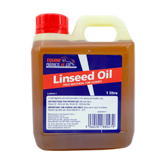 LINSEED OIL-EPUK-A plastic bottle with a red cap labeled 'Linseed Oil' from EQUINE PRODUCTS UK, containing 1 litre of liquid.
