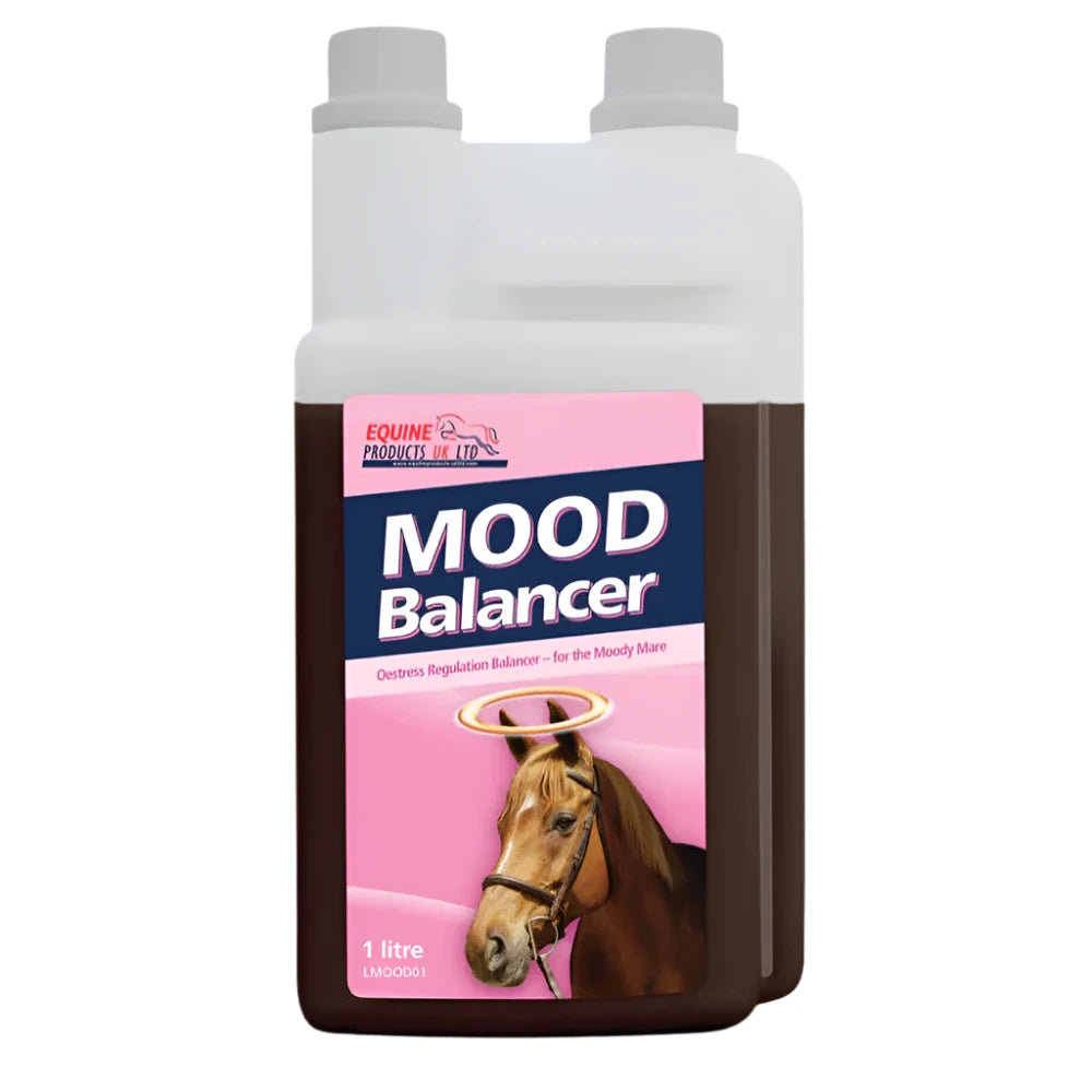A bottle of MOOO BALANCER, a complementary feed for mares, with a picture of a horse on the label.