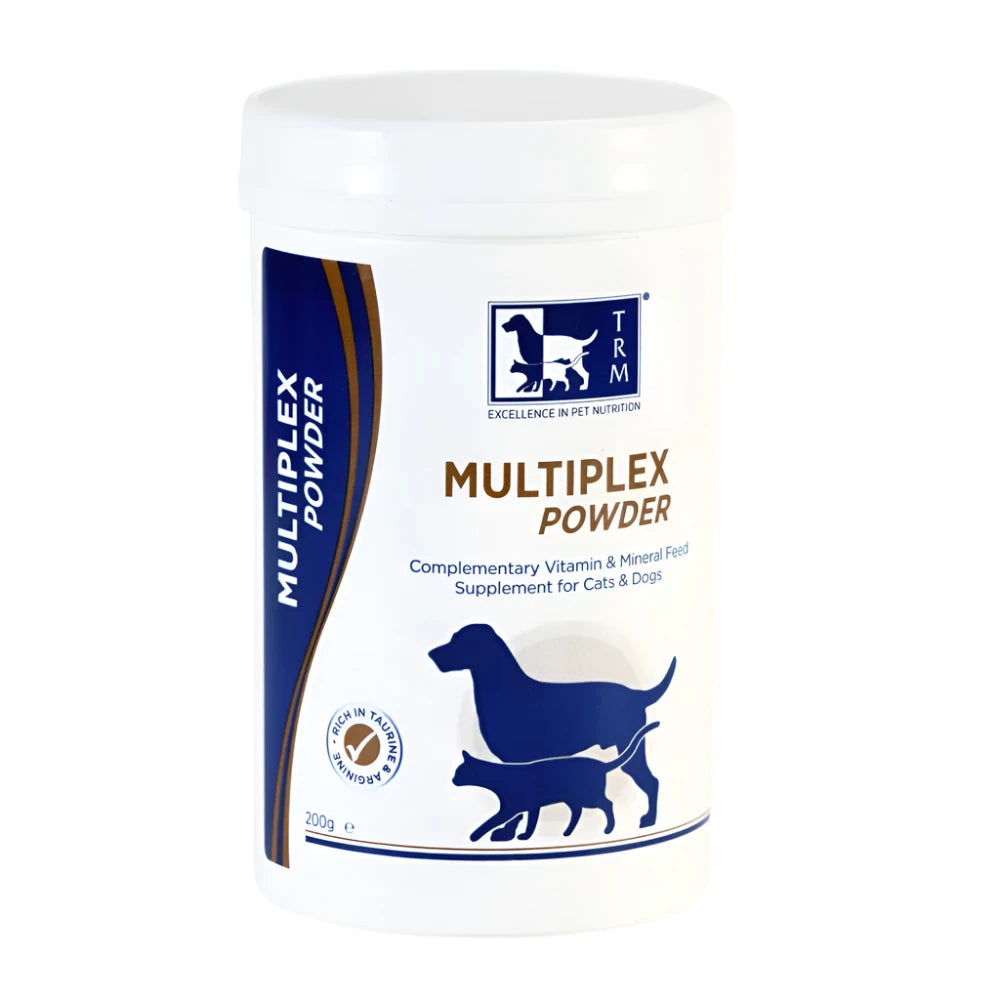 A container of Multiplex Powder, a nutritional supplement for dogs. The packaging is predominantly white and blue with an image of a dog on the front.