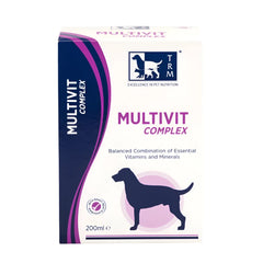 A bottle of MULTIVIT COMPLEX, a vitamin and mineral supplement for dogs, with a dosing pump and instructions label.