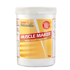 A white plastic container of EQUINE PRODUCTS UK Muscle Maker, a muscle growth supplement for horses, with a label indicating 1kg weight and brand details.
