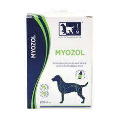 A package of TRM Pet brand Myozol, a product described as promoting physical well-being and appearance in dogs. The package is white with green accents, featuring an image of a dog and product details.