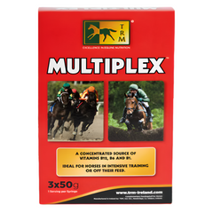 TRM Multiplex supplement packaging for horses with images of horses racing and text on a red background.