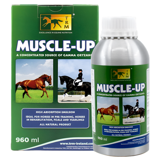 TRM Muscle-Up supplement packaging for horses with green and white design.