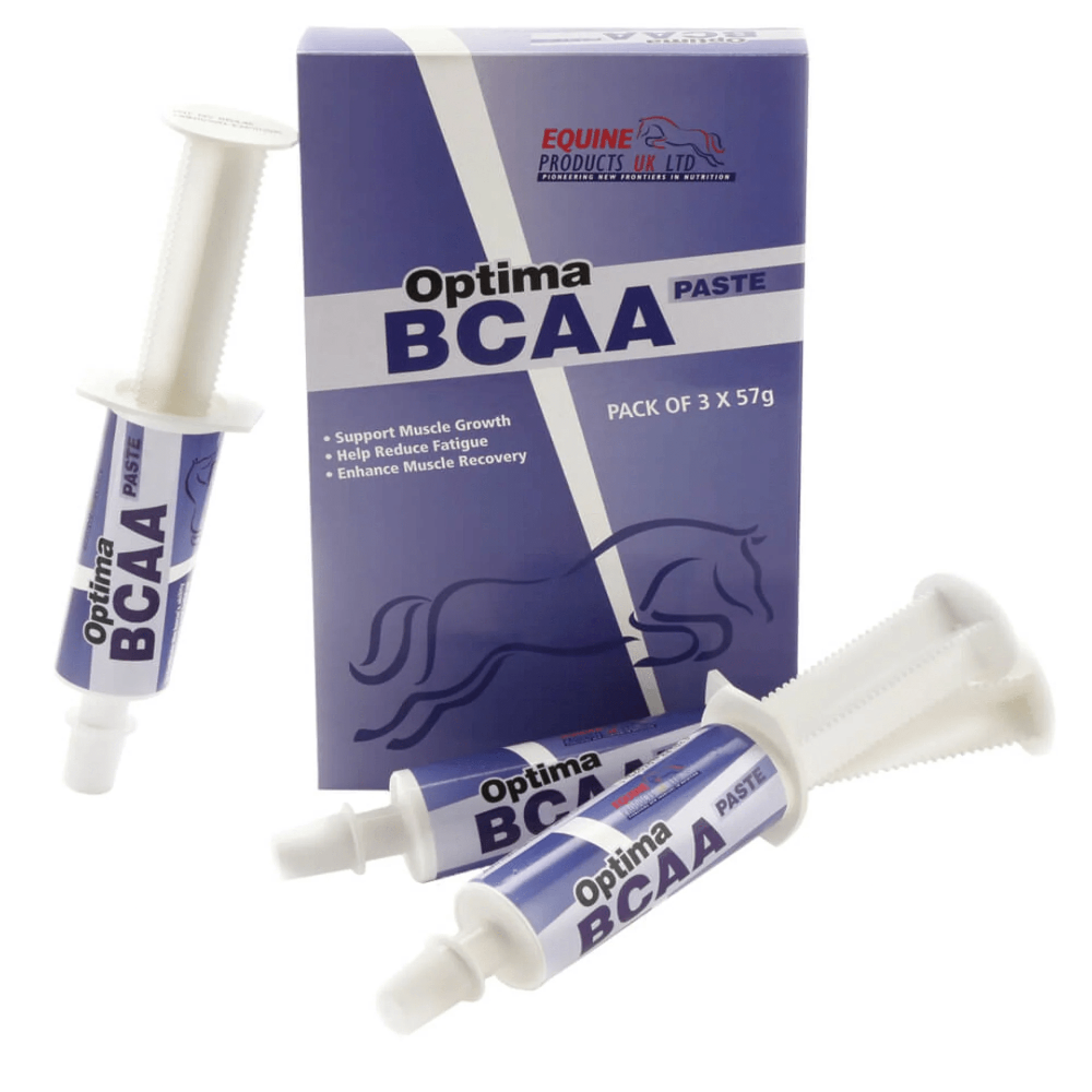 Three tubes of OPTIMA BCAA Paste with a box in the background, all featuring a blue and white color scheme and labeled for muscle protection and development.