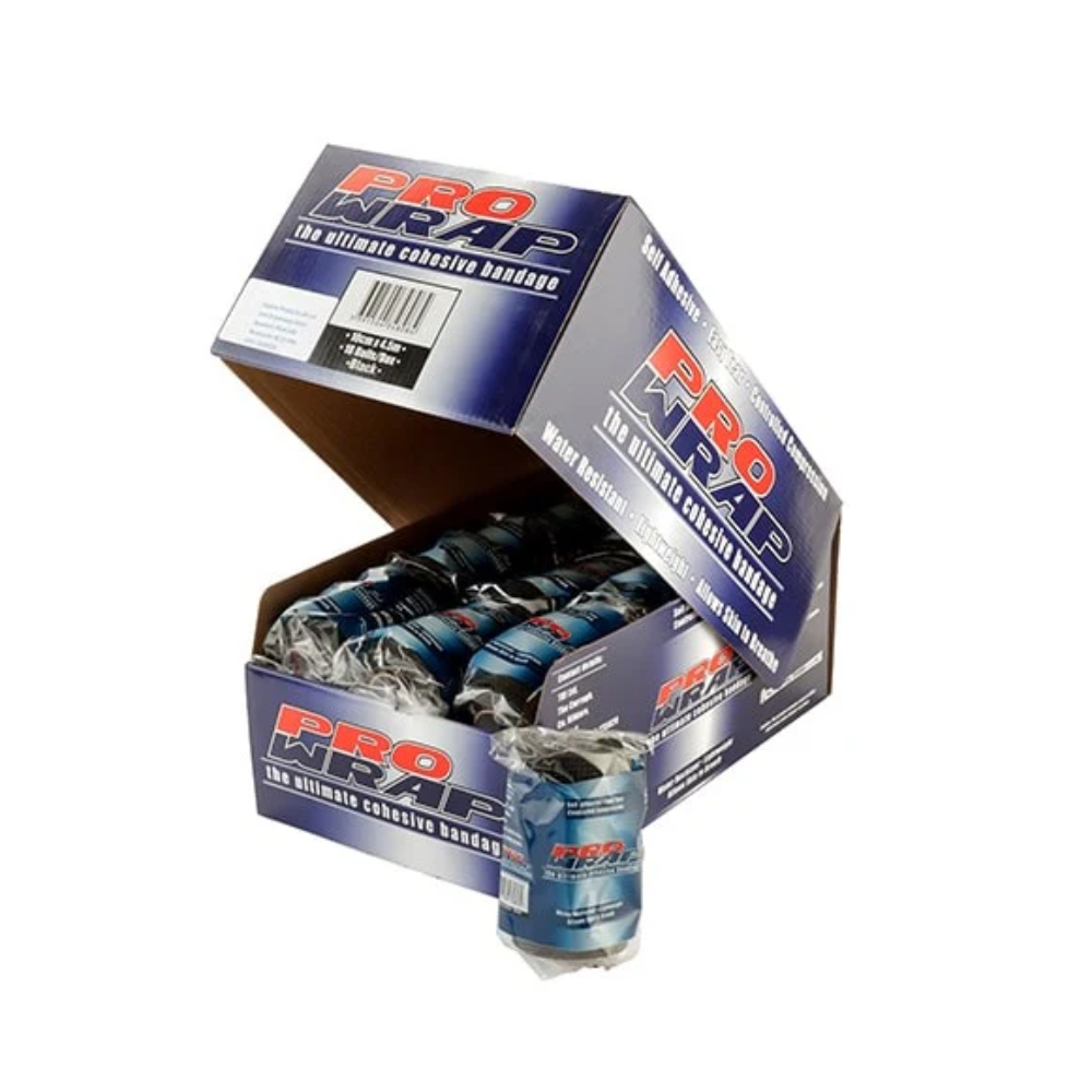 A box of PROWRAP cohesive bandages with individual wraps, showing various colors like blue, red, white, black, and green.
