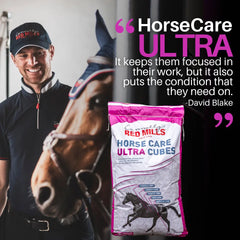 HORSE CARE ULTRA CUBES | RED MILLS | UAE | AL ZARRAB packaging with rider and horse, showcasing premium horse feed.