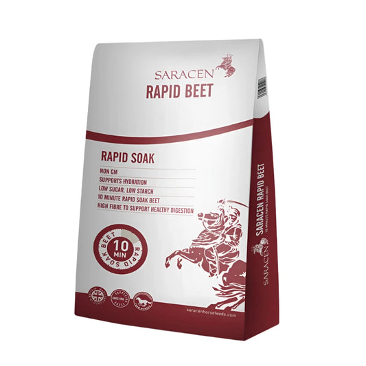 A package of Saracen Rapid Beet horse feed in a 20 kg bag, predominantly white with red and black text, and an image of a horse.