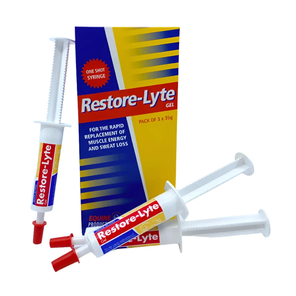 Three syringes of Restore-Lyte gel, with packaging that states it is for the rapid rehydration of muscle energy and smart lacs in horses.