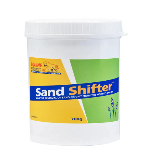 A white plastic container of Sand Shifter, a product designed for horses to remove sand and soil from their guts, with a label indicating 700g weight and an image of a horse.
