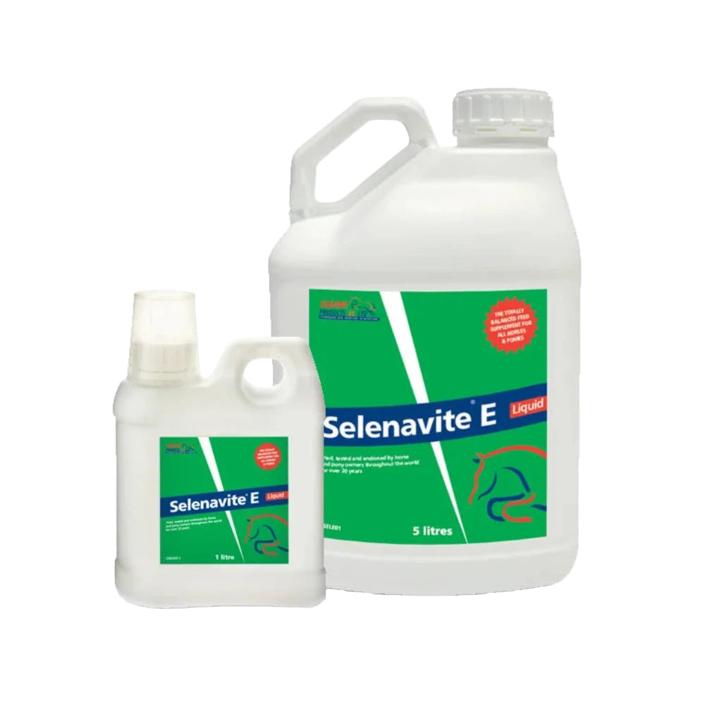 A product image showing Selenavite E in a white bottle with a green label, alongside a smaller bottle and a dispenser pump.