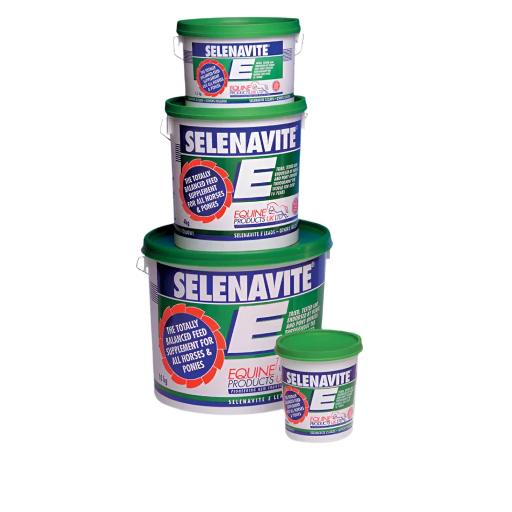 Three containers of Selenavite E-Powder, a horse feed supplement, in varying sizes with green labels and red and white text.