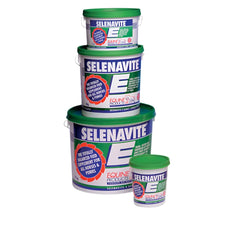 Three containers of Selenavite E-Powder, a horse feed supplement, in varying sizes with green labels and red and white text.