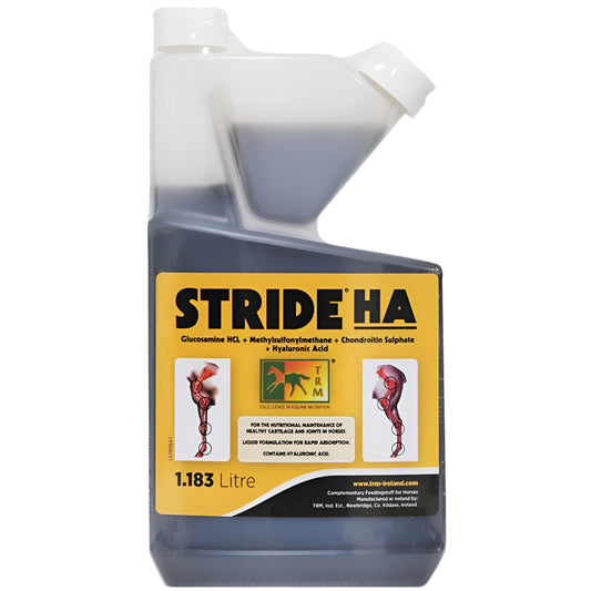Bottle of Stride HA supplement with a yellow label on a white background
