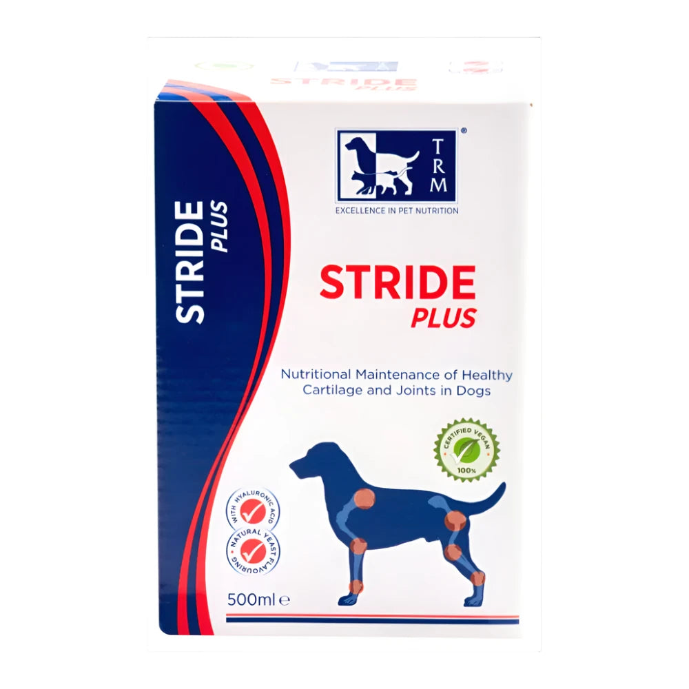 A bottle of STRIDE PLUS-TRM Pet, a nutritional supplement for dogs' joints and cartilage, with a blue and white box featuring a silhouette of a dog and product information.