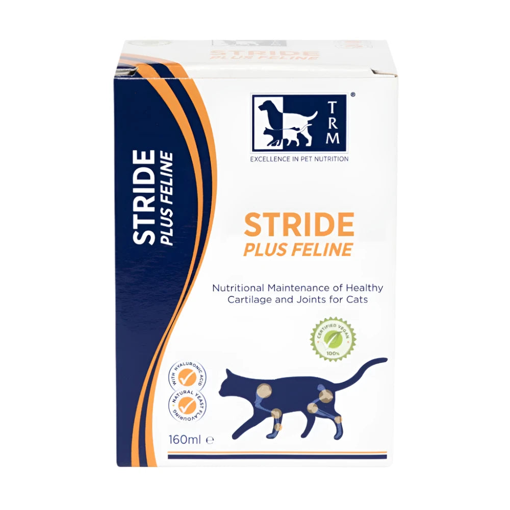 A package of STRIDE PLUS FELINE, a nutritional maintenance supplement for healthy joints and cartilage in cats, with a picture of a black cat on the front.