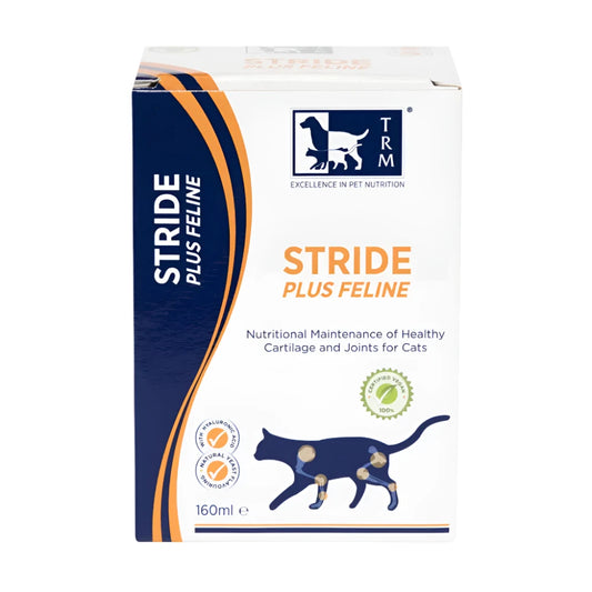 A package of STRIDE PLUS FELINE, a nutritional maintenance supplement for healthy joints and cartilage in cats, with a picture of a black cat on the front.
