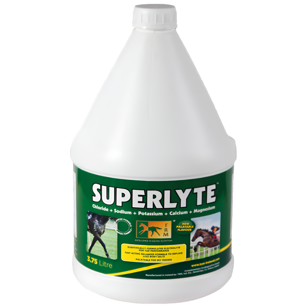 White plastic container of SUPERLYTE balanced electrolyte syrup for horses, with green label featuring images of horses and text detailing product use and contents.