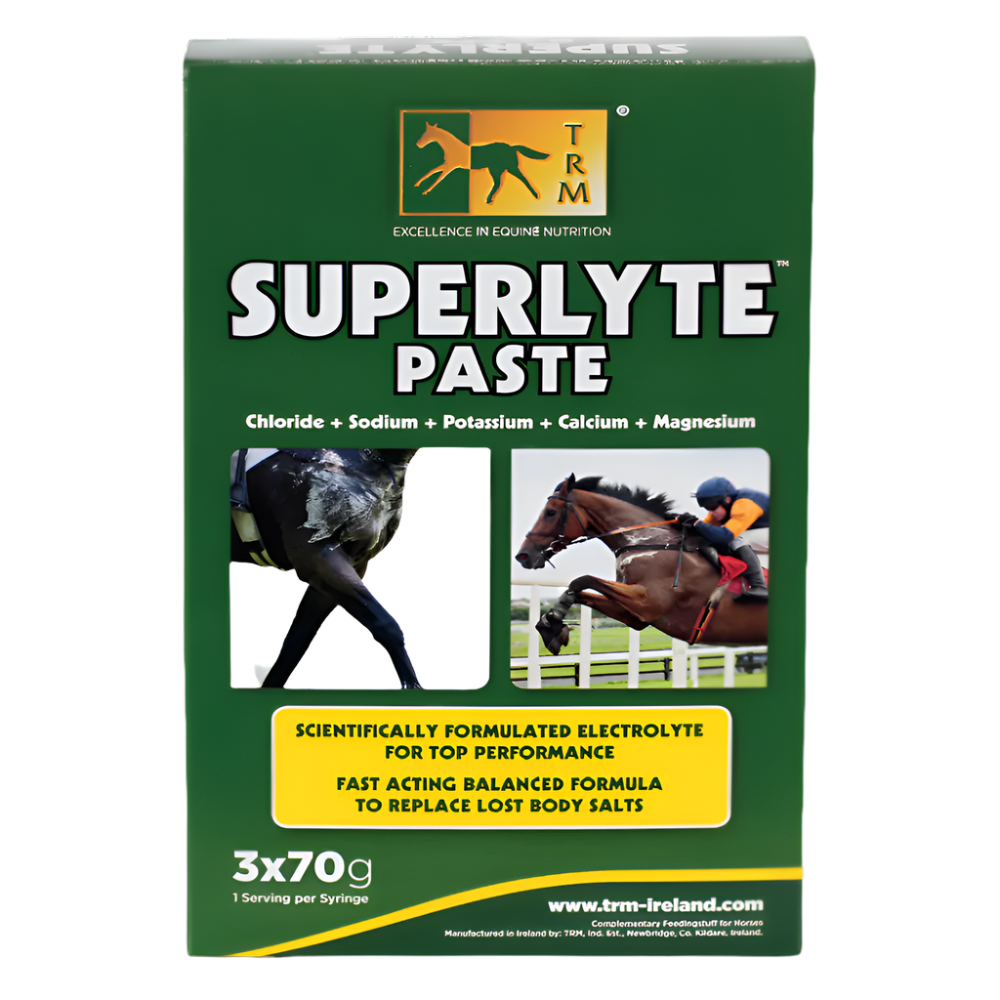 Box of TRM Superlyte Paste for horses on a white background