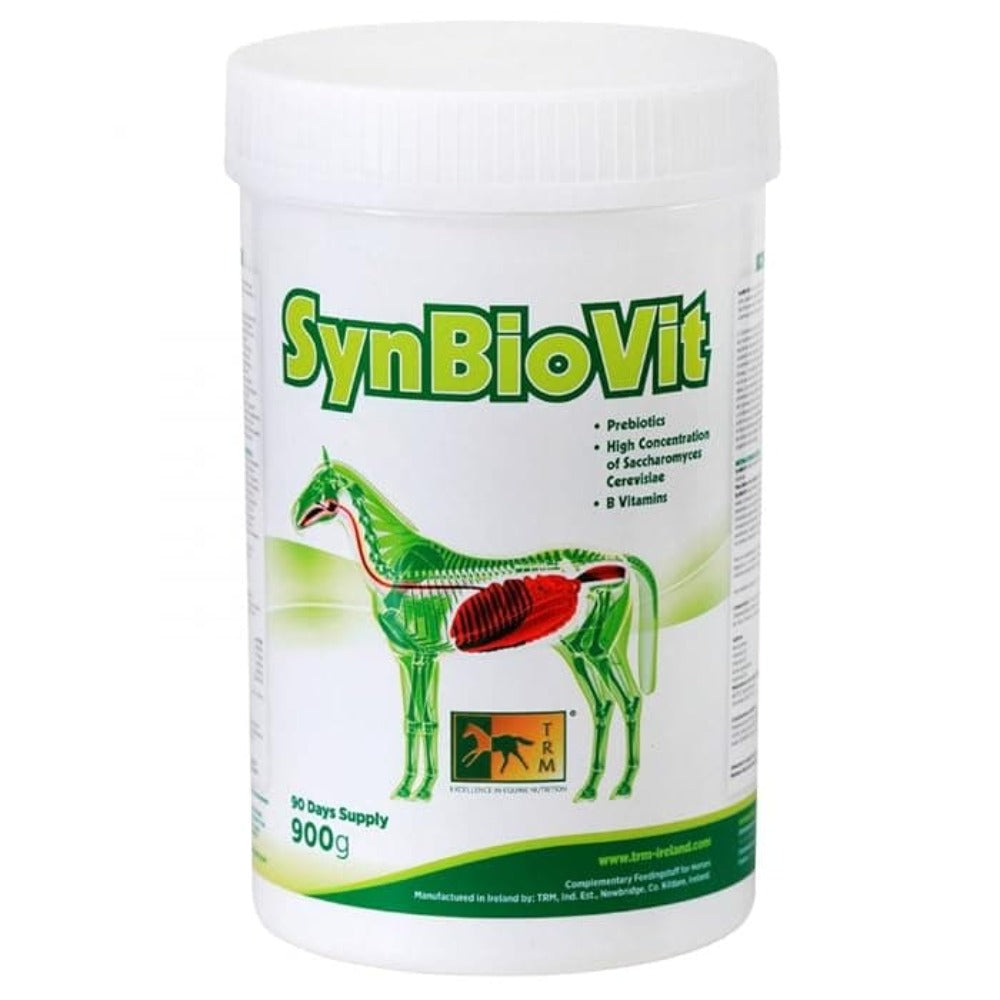 A container of SYNBIOVIT horse feed supplement with a graphic of a horse on the label.