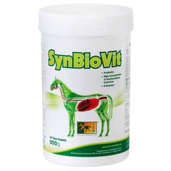 A container of SYNBIOVIT horse feed supplement with a graphic of a horse on the label.