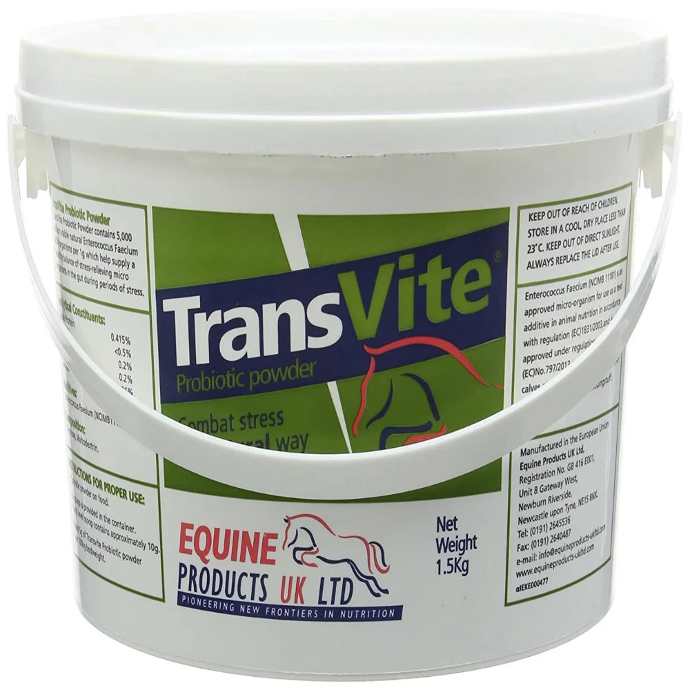A white plastic bucket of TransVite probiotic powder for horses with green and red text detailing the product information.
