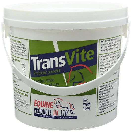 A white plastic bucket of TransVite probiotic powder for horses with green and red text detailing the product information.