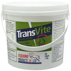 A white plastic bucket of TransVite probiotic powder for horses with green and red text detailing the product information.
