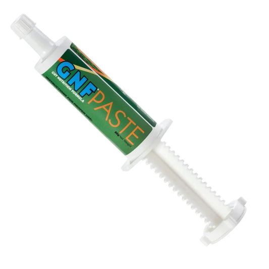 A tube of GNF Paste horse supplement with a syringe applicator.