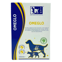 Packaging of OMEGLO pet supplement with image of a dog and a cat, indicating it is a complementary dietetic feed for dogs and cats.