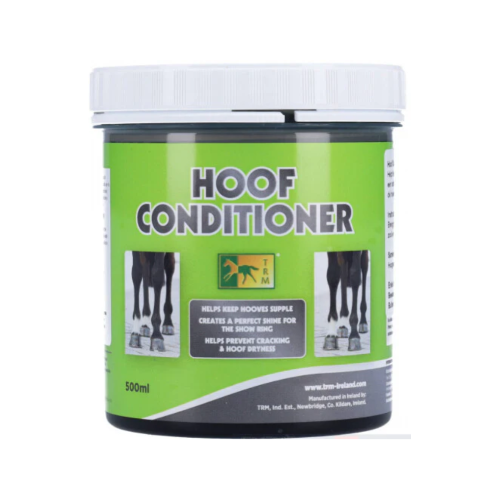 Green jar of hoof conditioner with white lid on a white background
